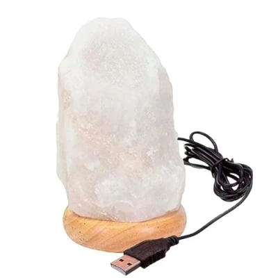 Afbeelding van LAMARE USB Himalaya zoutlamp wit bureaulamp met houten sokkel en veelkleurige led