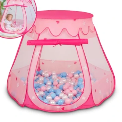 Afbeelding van Selonis Pop Up Speeltent Voor Kinderen 200 Ballen Magisch Kasteel Met Kleurrijke Draagbaar Gemakkelijk Opvouwbaar Veilig En Leuk Binnen Buiten Spelen, Roze:Babyblue Poeder Roze Parel