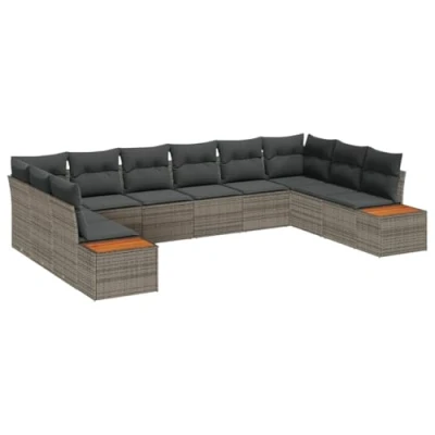 Afbeelding van vidaXL 10 delige tuinset met kussens in grijs poly rattan en acacia