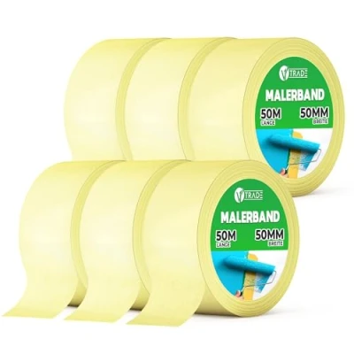 Afbeelding van V1 TRADE Afplakband 50 mm x m, 6 stuks, universeel schilderskape, nuttig bij het schilderen, gemakkelijk afneembaar plakband, schildertape, waterdicht, geel (1, stuks)