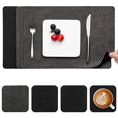 Afbeelding van Myir JUN Lederen Placemat en Onderzetters, Tafelmatten Waterdichte Afveegbare Dubbelzijdige Plaats Matten Koffiematten Antislip Wasbare Placemats Coaster (Grijs Zwart, Sets 4)