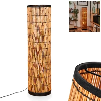 Afbeelding van Staande lamp Maili, moderne vloerlamp van metaal/rotan in zwart/natuur, boho design met kap roosterlook, aan /uitschakelaar op de kabel en lichteffect, 3 x E27, zonder