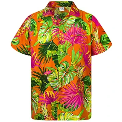 Afbeelding van King Kameha funky informeel Hawaïaans shirt voor kinderen, jongens en meisjes met voorzak. Zeer opvallende korte mouwen unisex ananasbladeren palmen print, 6 jaar