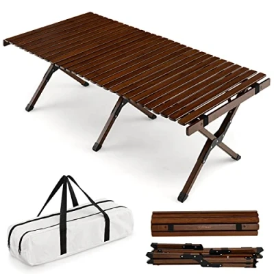 Afbeelding van COSTWAY Oprolbare campingtafel van bamboe, inklapbare picknicktafel met draagtas, draagbare klaptafel voor camping, barbecue, picknick, tuin (koffie)