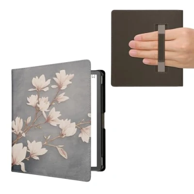 Afbeelding van kwmobile E reader hoesje geschikt voor Amazon Kindle Scribe hoes flip case met magneetsluiting Ereader cover Magnolia design in taupe / wit blauwgrijs