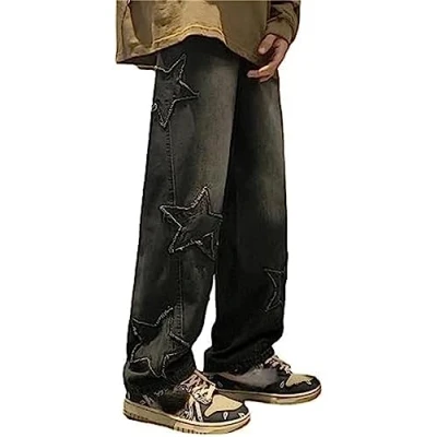 Afbeelding van MuziZy Y2K Baggy Jeans voor dames, vintage ster, patchwork, hoge taille, rechte pijpen, Emo Grunge denim broek met zakken, Zwart, L