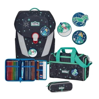 Afbeelding van Scout Schooltas LED Sunny II Set 5 delig Sternenhimmel Donkerblauw