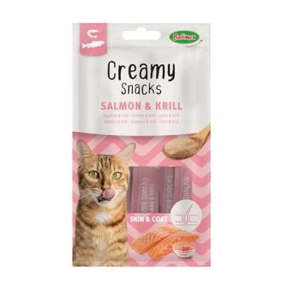 Afbeelding van Bubimex Creamy Snacks Zalm &amp; Krill Likcrème voor katten Gladde, romige en smakelijke textuur Stimuleert de eetlust bevordert hydratatie 4 x 15 g