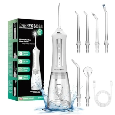Afbeelding van BarberBoss Waterflosser, Elektrische Tandplakverwijderaar, Waterflosser met 5 Spuitmonden en Reinigingsstanden, Monddouche, Draagbare Tandenreiniger, QR 7024, (Wit)