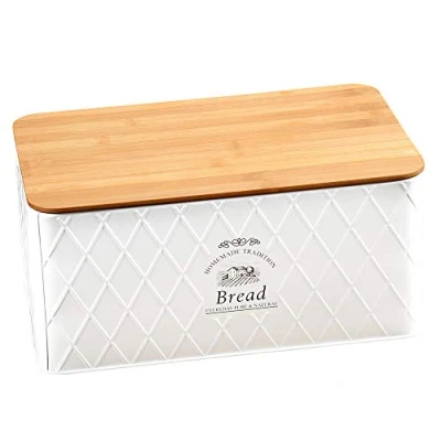Afbeelding van Keuken Metalen Broodtrommel met Houten Bamboe Brood Snijplank,