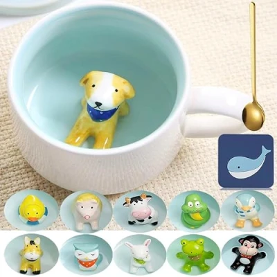Afbeelding van Arawat mok Hond Leuke koffiemok Keramische theekop met lepel en onderzetter 350 ml Grote 3D Grappige Espressokopjes Koffiekop Cappuccinokop Schattig cadeau (hond)