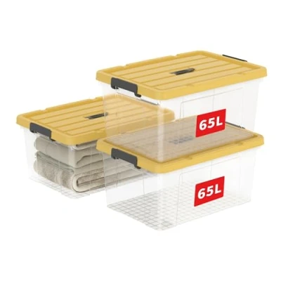 Afbeelding van Cetomo 65L* 3 Plastic Opbergdoos, Tote doos, Transparante Organiserende Container met Duurzaam geel Deksel en Veilige Klink Gespen, Stapelbaar Nestable, 3Pack
