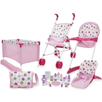 Afbeelding van 509 Crew Spring Pink 21 delige poppenspeelset, Stroll n Play &amp; Care, combi speelset: poppenwagen, poppenreisbed, poppenkinderstoelset, vanaf 3 jaar
