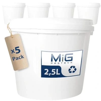 Afbeelding van MIG emmer met deksel, 2,5 l, wit, 5 x liter, stapelbare plastic veelzijdige bouwemmer deksel voor huishouden en industrie, kleine bak geschikt hondenvoer