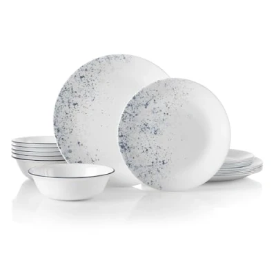 Afbeelding van Corelle 18 delige dinerset, Indigo Speckle, blauw en wit voor 6, chipbestendig servies, inclusief 26cm dinerborden, 17cm salade/zijborden 530ml soep/ontbijtkommen