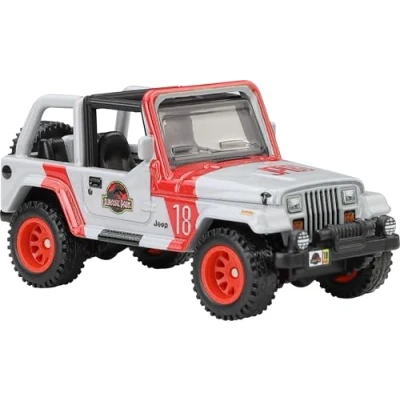 Afbeelding van Hot Wheels Pop Culture/Entertainment Series JBL59 1992 Jeep Wrangler Sahara, grey Jurassic Park Schaal 1/64