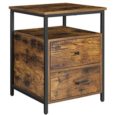 Afbeelding van VASAGLE Nachtkastje, bijzettafel, 45 x 60 cm, met open vak, 2 laden, voor woonkamer, slaapkamer, rustiek bruin en zwart LET067B01
