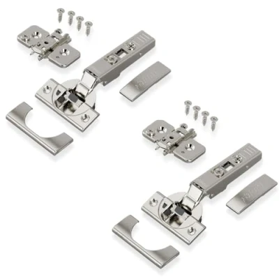 Afbeelding van 2 x BLUM CLIP top BLUMOTION meubelscharnier 110, recht met veer, schroeven, hoekaanslag + excentrische kruismontageplaat, staal, afstand 0 mm