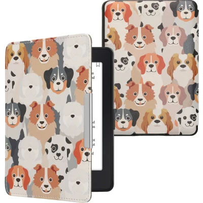 Afbeelding van kwmobile E reader hoesje geschikt voor Amazon Kindle Paperwhite hoes flip case met magnetische sluiting Ereader cover Honden Ontwerp design in wit / lichtbruin grijs