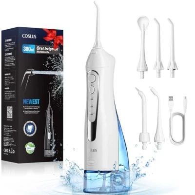 Afbeelding van COSLUS Draadloze draagbare elektrische tandenreiniger, waterreservoir, oplaadbaar, 300 ml, dubbele watertanden, flosser, IPX7 waterdicht, testwinnaar voor reiniging op reis