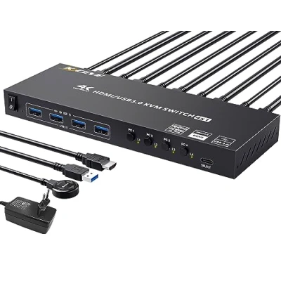 Afbeelding van YOUTINGHDAV USB 3.0 KVM switch, HDMI 4 poorts, 4K @60Hz Simulation EDID, pc&#039;s, 1 monitor, 2.0, switches, delen apparaten, kabelloze muis, toetsenbordprinter, bekabelde afstandsbediening en 5 kabels