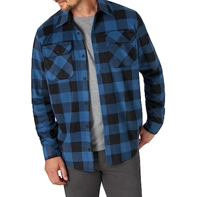 Afbeelding van Wrangler Authentics Heren lange mouwen fleece overhemd met button down kraag, Blauwe buffelruit, L