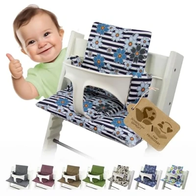 Afbeelding van BambiniWelt Zitkussen kussen Zitkussenset voor Stokke Tripp Trapp hoge stoel *15 KLEUREN* vervangingskussen 2 delig (strepen blauwe kl. bloemen)