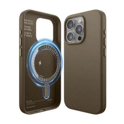 Afbeelding van elago Magnetische Leren Hoesje Compatibel met iPhone 15 Pro Case, MagSafe, Veganistisch PU Leer, Sterke Magneten, Volledige Lichaamsbescherming [5 laags structuur] (Taupe)