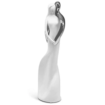 Afbeelding van Sculptuur &quot;Affection&quot; keramisch verliefd paar in wit &amp; zilver als decoratie modern beeld 31cm hoog figuur symbool voor liefde harmonie ideaal geschenk
