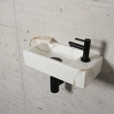 Afbeelding van Fonteinset Carrara Marmerlook Wiesbaden Color Mat Zwart (kraangat rechts)