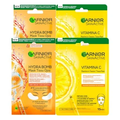 Afbeelding van Garnier SkinActive Hydra Bomb Oogmasker tegen donkere kringen met sinaasappelsap en hyaluronzuur ijs effect 4 patches + vitamine C gezichtsmasker van stof, hydraterend, lichtgevend, 2 maskers