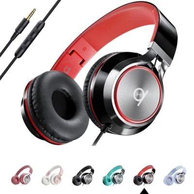 Afbeelding van Artix CL750 Opvouwbare, Geluidsisolerende On Ear Koptelefoon met Draad en Microfoon Volumeregeling, Stereo Snoer Verstelbare Hoofdband voor Computer, Laptop Mobiele Telefoon (Zwart/Rood)