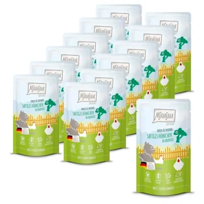 Afbeelding van MjAMjAM Premium natvoer voor katten Quetschie Chicks &amp; Friends sappige kip met broccoli, 12 verpakking (12 x 125g), graanvrij