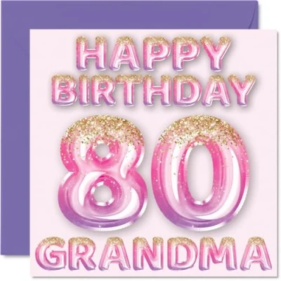 Afbeelding van 80e verjaardagskaart voor oma roze en paarse glitterballonnen gelukkige verjaardagskaarten 80 jarige van kleinzoon kleindochter, 145 mm x cadeau