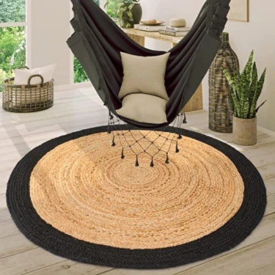 Afbeelding van Vloerkleed Rond Woonkamer Jute Boho Ethno Handgemaakt Natuurlijk Vloerkleed, Maat:Ø 160 cm rondje, Kleur:Zwart