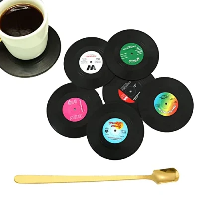 Afbeelding van 6 x antislip siliconen onderzetters met 1 theelepel, retro vinyl cd pads, warmte isolerende bureaubescherming, ronde onderzetters, voor koffie, dranken, glazen
