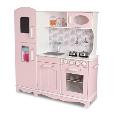 Afbeelding van DEQUBE 913D00014 Houten keuken met 3 modules, vintage design, speelgoedkeuken grote opbergruimte, inclusief metalen accessoires, afmetingen 91 x 30 102 cm, roze