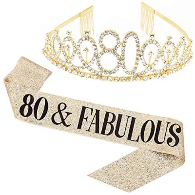Afbeelding van Leixi 80 en fantastische sjerp &amp; strass Tiara Set 80e verjaardag verjaardagscadeaus partij gunsten (goud)