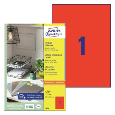 Afbeelding van Etiket Avery Zweckform 3470 210x297mm A4 rood 100stuks