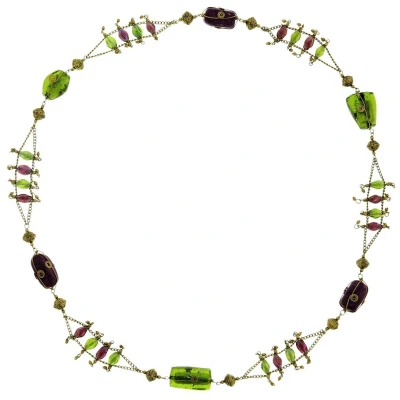 Afbeelding van Behave Lange ketting goud kleur met groene en paarse kralen