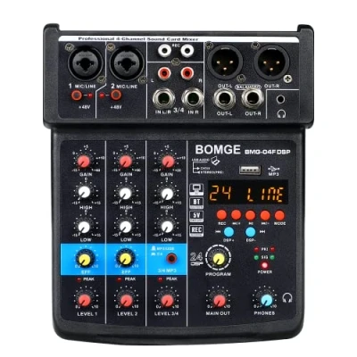 Afbeelding van BOMGE 4 kanaals mini DJ Audio Sound Mixer Interface met MP3, USB, Bluetooth, Stereo opname, 48V Phantom Power, 24 DSP voor karaoke, prestaties, kerk zingen, streaming