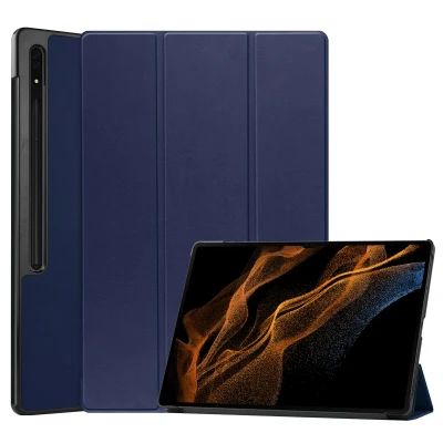 Afbeelding van Samsung Galaxy Tab S8 Ultra Hoes: iMoshion Trifold Bookcase Donkerblauw Kunstleder Tablet Hoezen
