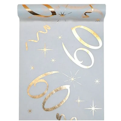 Afbeelding van Tafelloper wit goud 60 jaar 30 cm x 5 m plastic banner tafelkleed decoratieve tafelband
