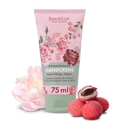 Afbeelding van Jean &amp; Len Handcrème Pioenroos Lychee, hydrateert normale en droge handen, met provitamine B5, shea cacaoboter, veganistische handverzorging, zonder parabenen siliconen, 75 ml