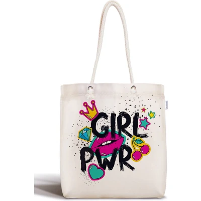 Afbeelding van Schoudertas Dames met rits Girl Power Canvas 45x50 Strandtas Shopper tas tassen Zomer Hobby