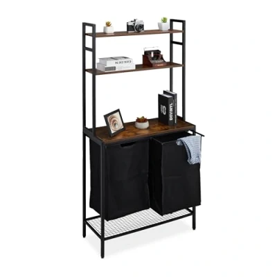 Afbeelding van Relaxdays wasmand 2 vakken, uitschuifbare waszakken, HBD: 162x80x34 cm, planken, wassorteerder, badkamerrek, zwart/bruin