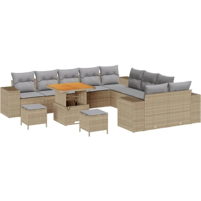 Afbeelding van vidaXL 13 delige tuinsofa set met kussens in beige en poly riet acacia
