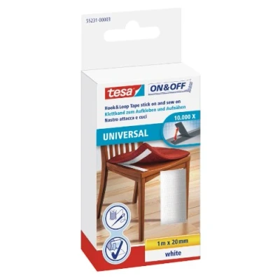 Afbeelding van tesa On &amp; Off Klittenband Universal Naaibaar Stoffen op harde oppervlakken bevestigen Naaibare vlieszijde en een kleefzijde Wit Rol van 2 cm x 100