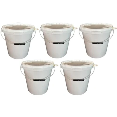 Afbeelding van 5 x 15 liter emmer met deksel, wit, stapelbare melk /voorraademmer, honingemmer, kunststof levensmiddelvrijgave, voedselveilige container, lege voor meel, wateremmer, stuks