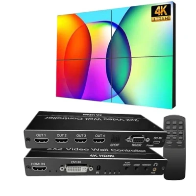 Afbeelding van video wall Controller, HDMI &amp; DVI 4k input maakt 4 tv schermen in 1 wanddisplay, 180 rotatie, extra audio, IR afstandsbediening &amp;RS232+Button Press Control, controller 2x2